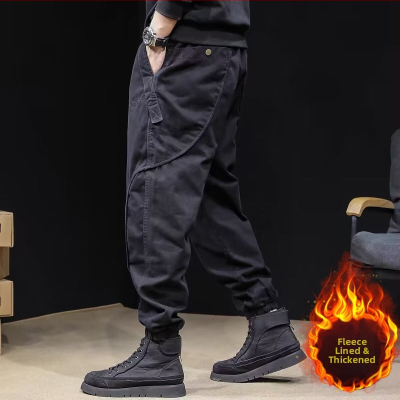 Meeste fleece'iga voodriga cargo püksid, jogger-stiil, lõdva lõige, keskmine talje, puuvillasegune materjal, kevad 2025