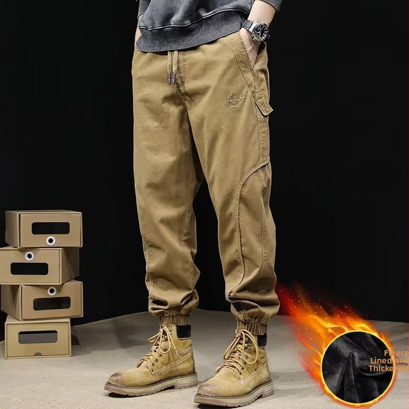 Meeste fleece'iga voodriga cargo püksid, jogger-stiil, lõdva lõige, keskmine talje, puuvillasegune materjal, kevad 2025