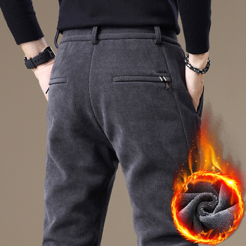Férfi casual nadrág corduroy fleece béléssel, tapered szabás, hosszú, középmagas derék
