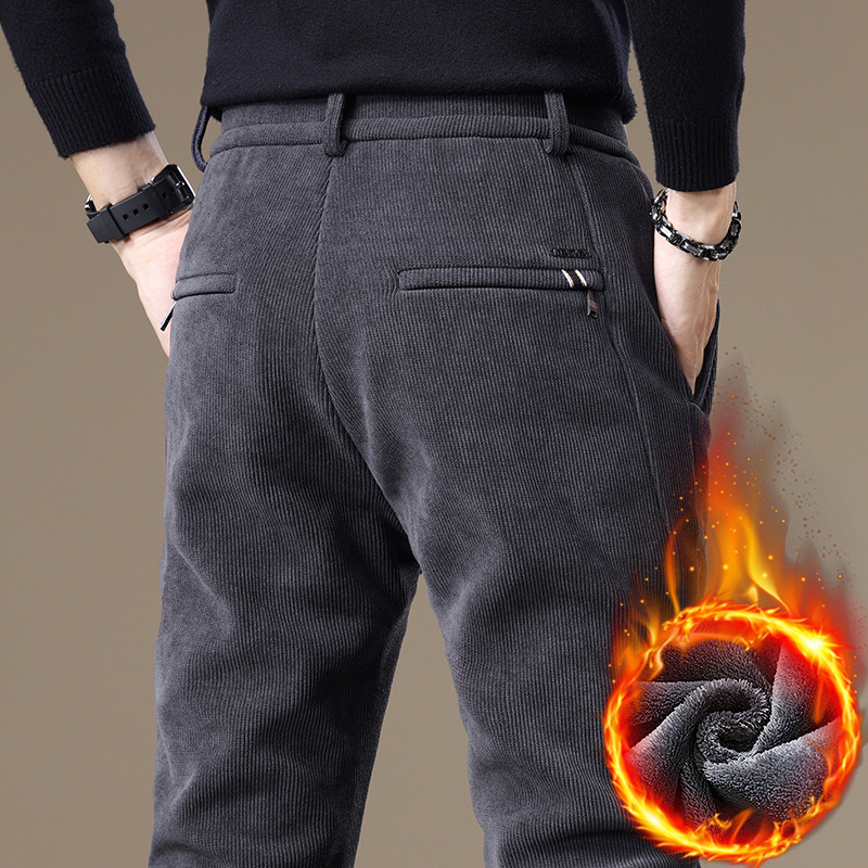 Férfi casual nadrág corduroy fleece béléssel, tapered szabás, hosszú, középmagas derék
