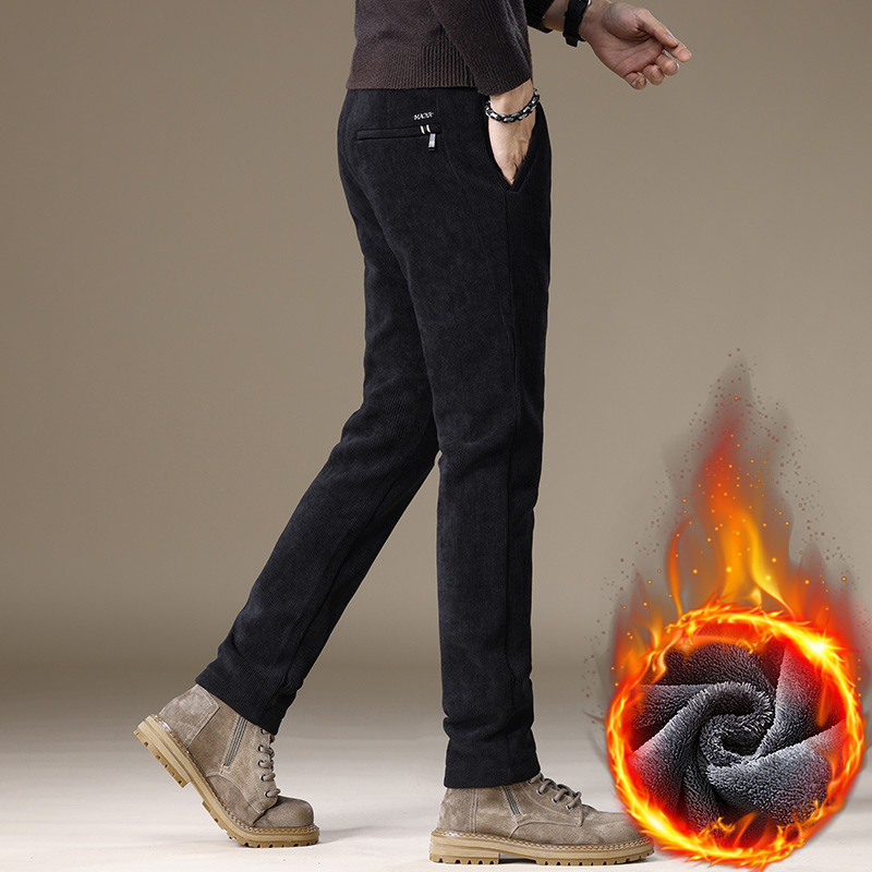Férfi casual nadrág corduroy fleece béléssel, tapered szabás, hosszú, középmagas derék