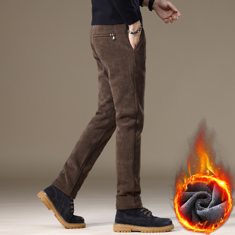 Férfi casual nadrág corduroy fleece béléssel, tapered szabás, hosszú, középmagas derék