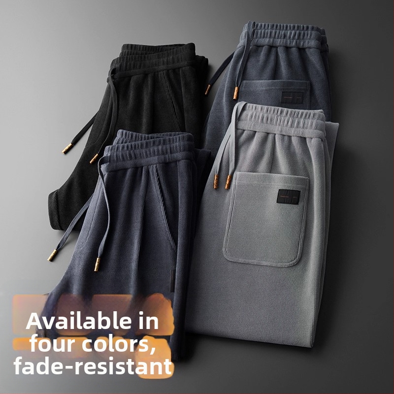 Pánske široké nohavice na jeseň-zimu, chenille látka, s opaskom, Hongkong štýl