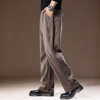 Férfiak számára készült casual nadrág, széles szabású drapált dizájn, középmagas derék, övvel, kötős zárás, chenille poliészter anyag, több zseb, utcai stílus