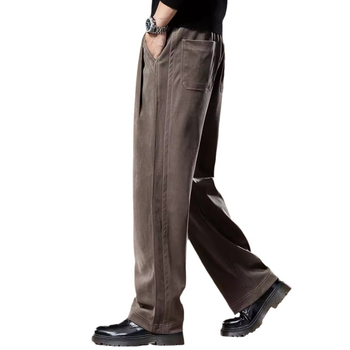 Férfiak számára készült casual nadrág, széles szabású drapált dizájn, középmagas derék, övvel, kötős zárás, chenille poliészter anyag, több zseb, utcai stílus