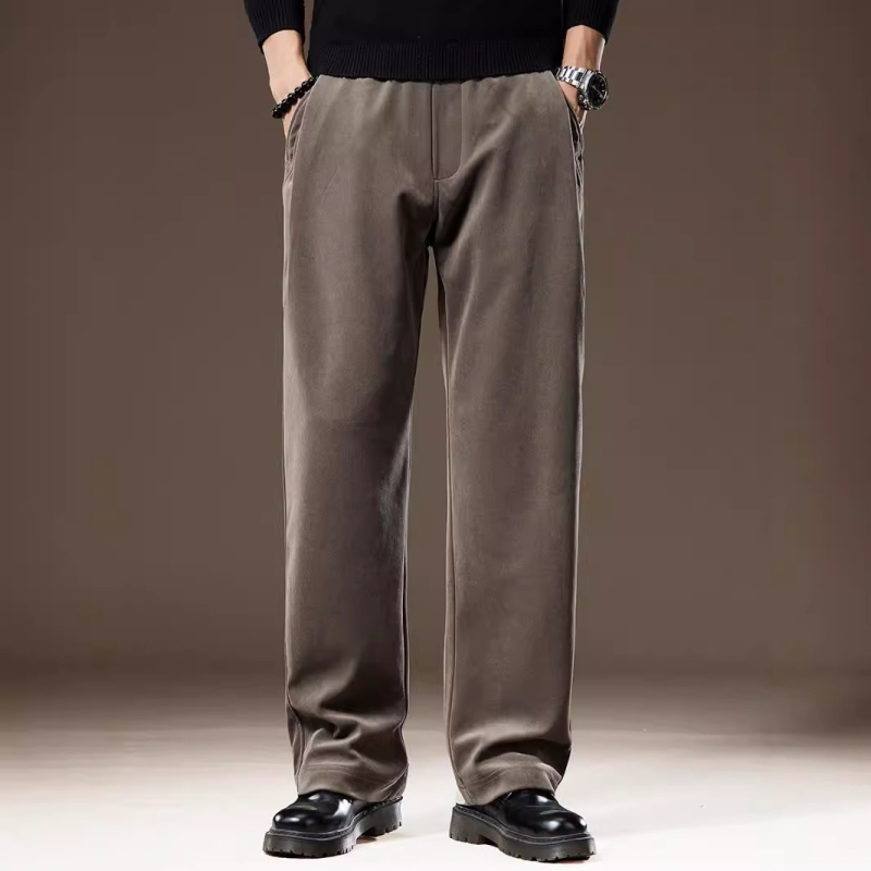 Férfiak számára készült casual nadrág, széles szabású drapált dizájn, középmagas derék, övvel, kötős zárás, chenille poliészter anyag, több zseb, utcai stílus