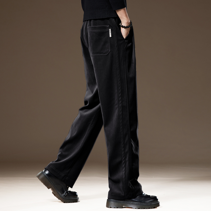 Férfiak számára készült casual nadrág, széles szabású drapált dizájn, középmagas derék, övvel, kötős zárás, chenille poliészter anyag, több zseb, utcai stílus