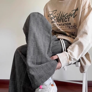 Rácsmintás egyenes nadrág, középmagasságú derék, japán friss stílus, anyag: kevert kémiai rostok, nyár 2025