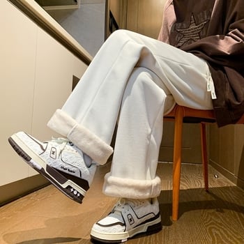 Férfi fleece-béléssel ellátott tréner nadrág bambuszrostból, vastag bélés, elasztikus derék, szabás egyenestől széles lábszárig, zseb részlet