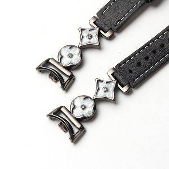 Xiaomi 9/10 съвместим ремък за часовник – естествена кожа и сплав, конектор с четири листа детелина, 14 мм интерфейс, закопчаване с игла