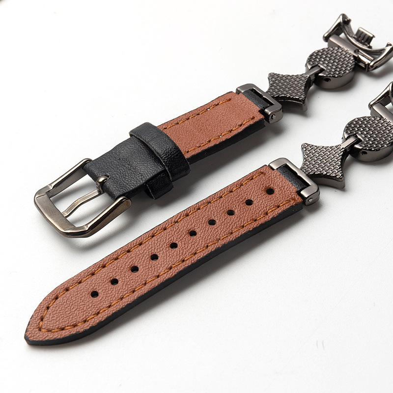 Xiaomi 9/10 съвместим ремък за часовник – естествена кожа и сплав, конектор с четири листа детелина, 14 мм интерфейс, закопчаване с игла