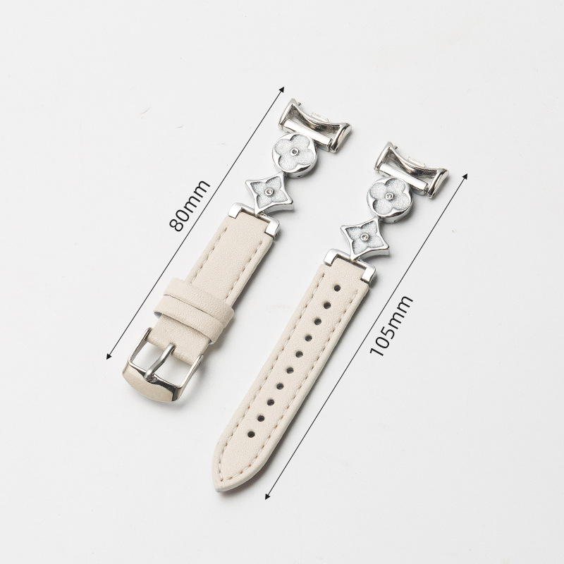 Xiaomi 9/10 съвместим ремък за часовник – естествена кожа и сплав, конектор с четири листа детелина, 14 мм интерфейс, закопчаване с игла
