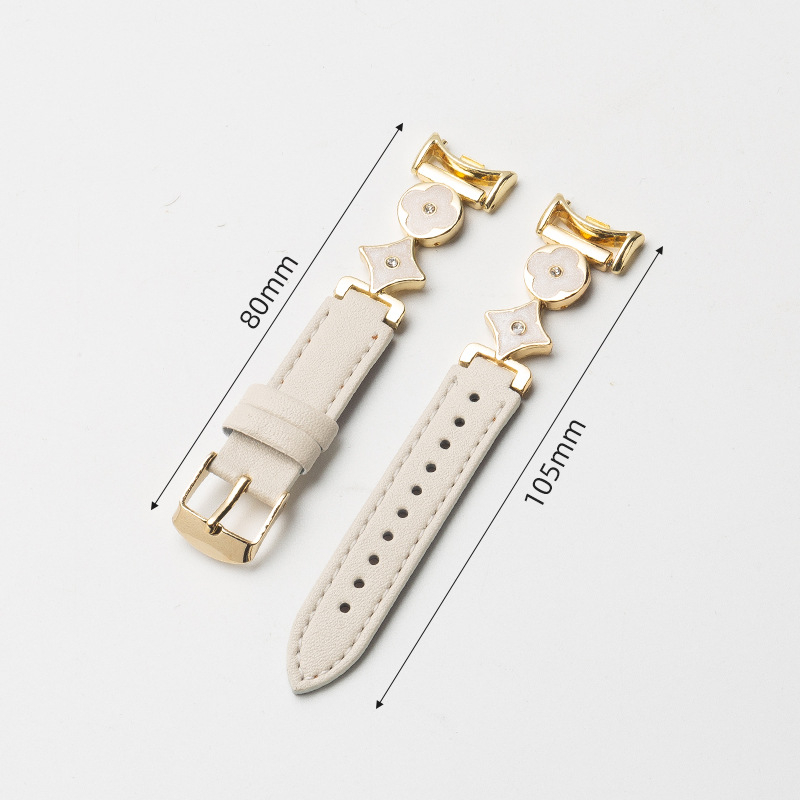 Xiaomi 9/10 съвместим ремък за часовник – естествена кожа и сплав, конектор с четири листа детелина, 14 мм интерфейс, закопчаване с игла