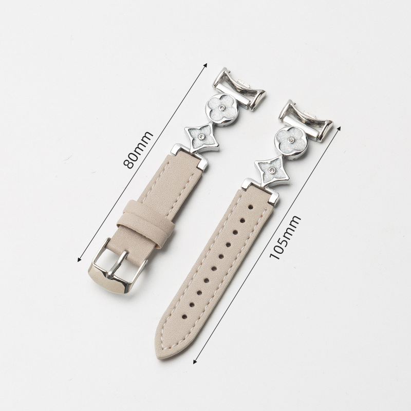 Xiaomi 9/10 съвместим ремък за часовник – естествена кожа и сплав, конектор с четири листа детелина, 14 мм интерфейс, закопчаване с игла