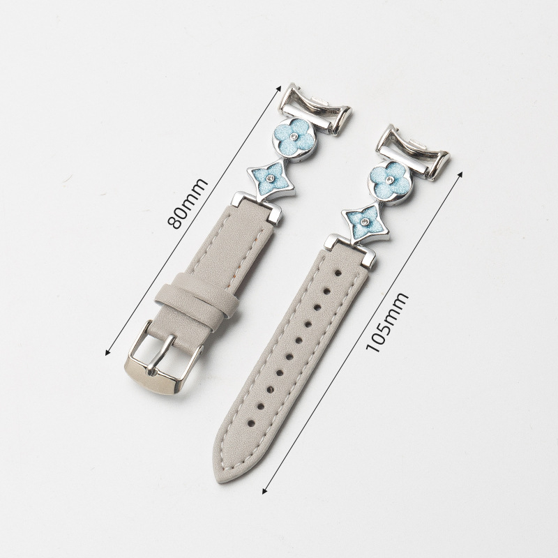 Xiaomi 9/10 съвместим ремък за часовник – естествена кожа и сплав, конектор с четири листа детелина, 14 мм интерфейс, закопчаване с игла