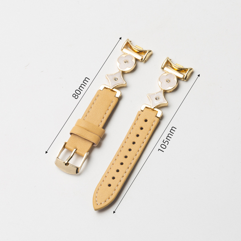 Xiaomi 9/10 съвместим ремък за часовник – естествена кожа и сплав, конектор с четири листа детелина, 14 мм интерфейс, закопчаване с игла