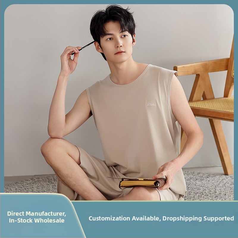 Muški ljetni modalni set pidžame: bez rukava majica i šorc; glavni materijal: modal; sastav: 47,5% viskoza, 5% spandex, 47,5% poliester; debljina tkanine: tanak; težina tkanine: 181–200 g/m²; vrat: okrugli