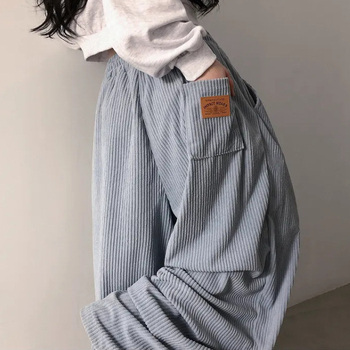 Ženske corduroy široke hlače, visokim strukom, ležerni kroj, korejski stil, duge