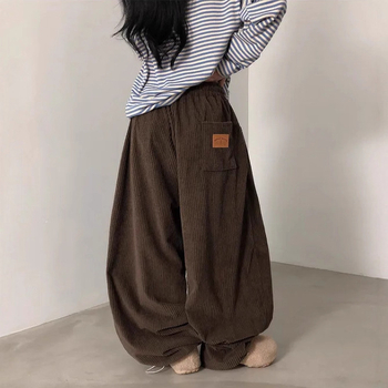 Ženske corduroy široke hlače, visokim strukom, ležerni kroj, korejski stil, duge
