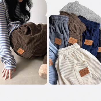 Ženske corduroy široke hlače, visokim strukom, ležerni kroj, korejski stil, duge