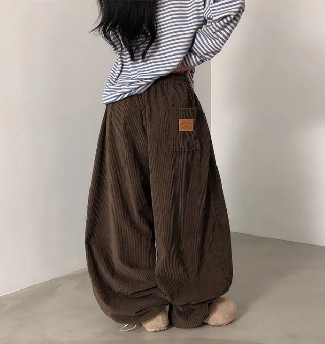 Ženske corduroy široke hlače, visokim strukom, ležerni kroj, korejski stil, duge