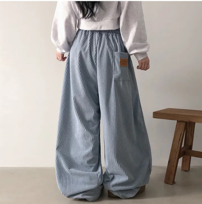 Ženske corduroy široke hlače, visokim strukom, ležerni kroj, korejski stil, duge