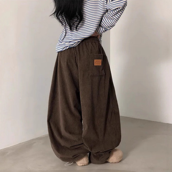 Ženske corduroy široke hlače, visokim strukom, ležerni kroj, korejski stil, duge