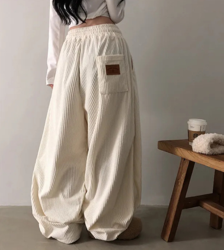Ženske corduroy široke hlače, visokim strukom, ležerni kroj, korejski stil, duge