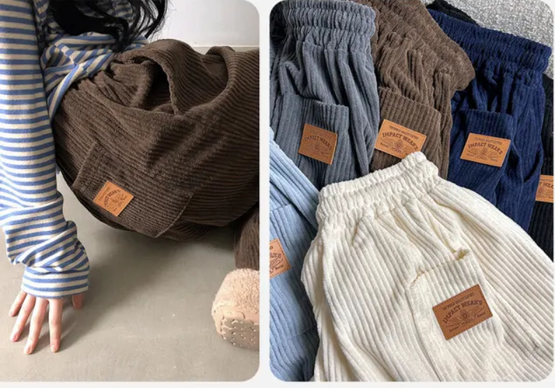 Ženske corduroy široke hlače, visokim strukom, ležerni kroj, korejski stil, duge