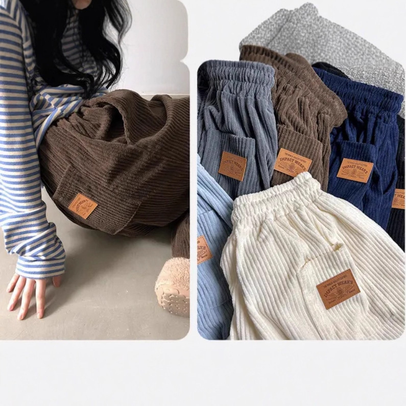 Ženske corduroy široke hlače, visokim strukom, ležerni kroj, korejski stil, duge