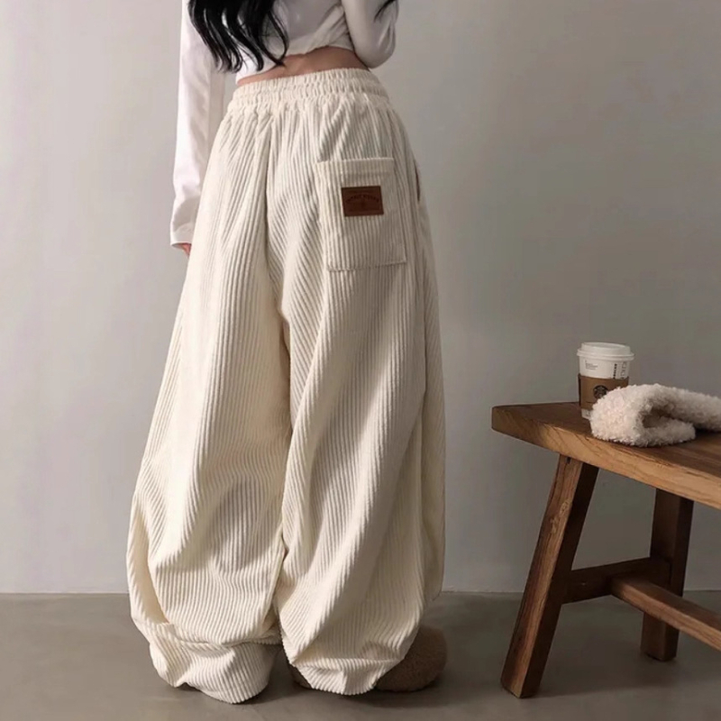 Ženske corduroy široke hlače, visokim strukom, ležerni kroj, korejski stil, duge