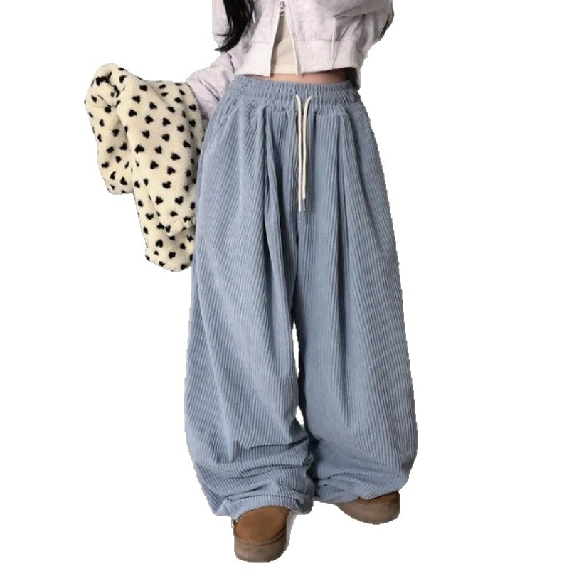 Ženske corduroy široke hlače, visokim strukom, ležerni kroj, korejski stil, duge