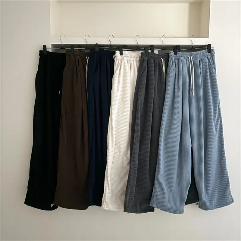 Ženske corduroy široke hlače, visokim strukom, ležerni kroj, korejski stil, duge