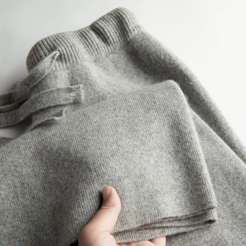 Ženske pletene hlače s visokim strukom, široke nogavice, mekani vuneno-kašmir miks, casual stil, duge hlače