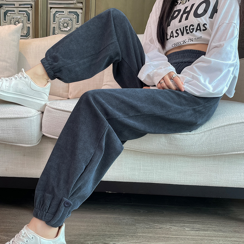 Corduroy harém hlače za žene, podstavljene fleece-om i debelim materijalom, korejski stil jesen-zima, jogger hlače s elastičnim pojasom, cropped