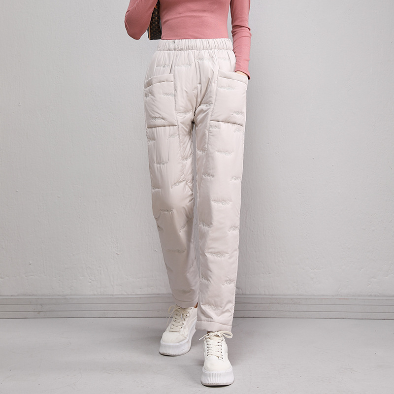 Női egyenes nadrágok, magas derekú, vastag meleg bélés, poliészter 90–95%, töltet 50–70% imitált selyem