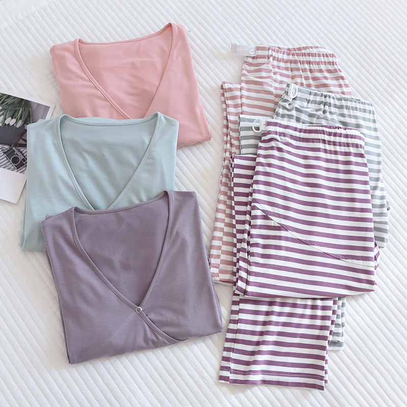 Grūtnieču naktsveļu komplekts: plāns modal-viskoze audums, garas piedurknes, vienkrāsains raksts, bez barošanas atvēruma