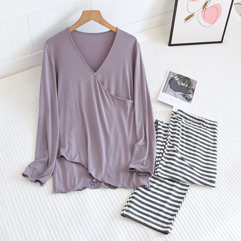 Grūtnieču naktsveļu komplekts: plāns modal-viskoze audums, garas piedurknes, vienkrāsains raksts, bez barošanas atvēruma