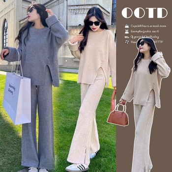 Grūtniecības rudens‑ziemas divu gabalu komplekts: adīts tops ar šķēlumu un platām biksēm, garas piedurknes, 3/4 garuma bikses, Air Cotton audums, Japāņu–Korejas brīvā laika stils