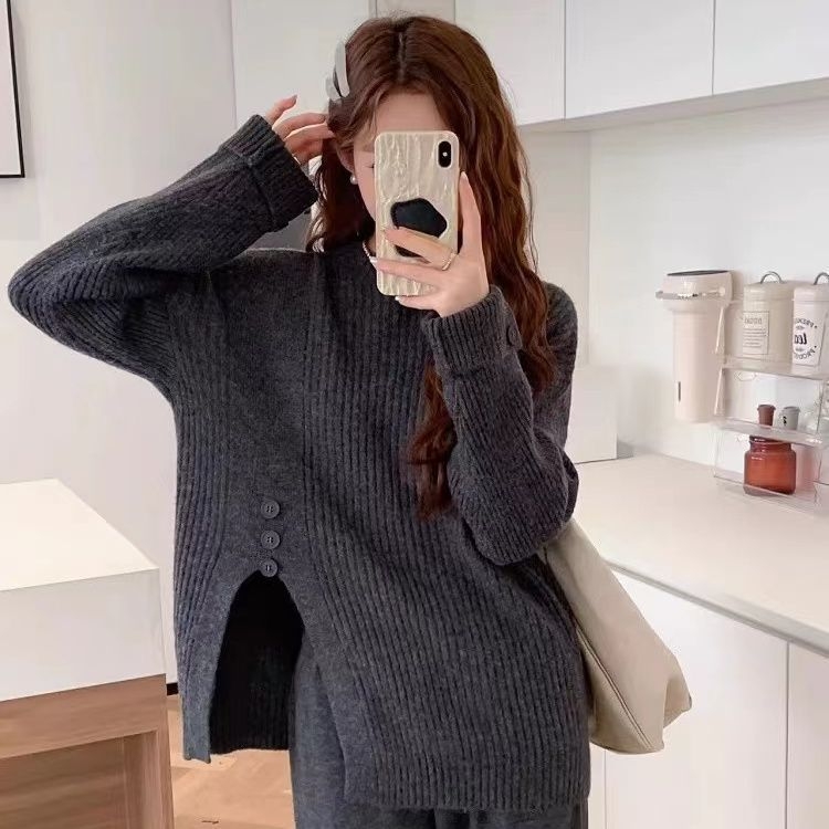 Grūtniecības rudens‑ziemas divu gabalu komplekts: adīts tops ar šķēlumu un platām biksēm, garas piedurknes, 3/4 garuma bikses, Air Cotton audums, Japāņu–Korejas brīvā laika stils