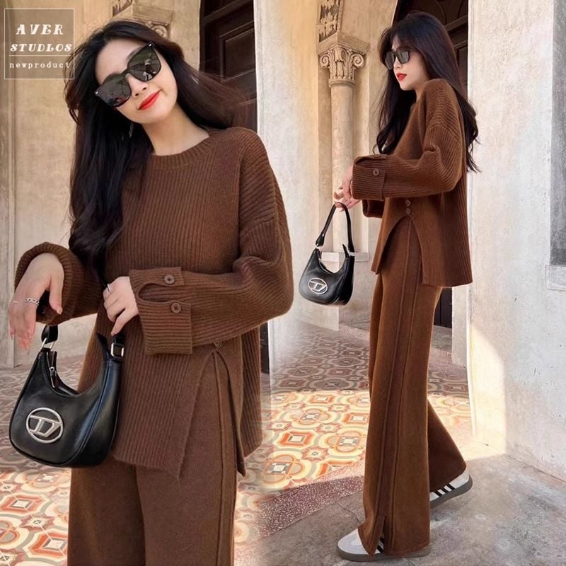 Grūtniecības rudens‑ziemas divu gabalu komplekts: adīts tops ar šķēlumu un platām biksēm, garas piedurknes, 3/4 garuma bikses, Air Cotton audums, Japāņu–Korejas brīvā laika stils