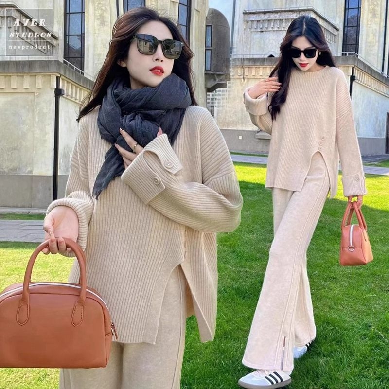 Grūtniecības rudens‑ziemas divu gabalu komplekts: adīts tops ar šķēlumu un platām biksēm, garas piedurknes, 3/4 garuma bikses, Air Cotton audums, Japāņu–Korejas brīvā laika stils