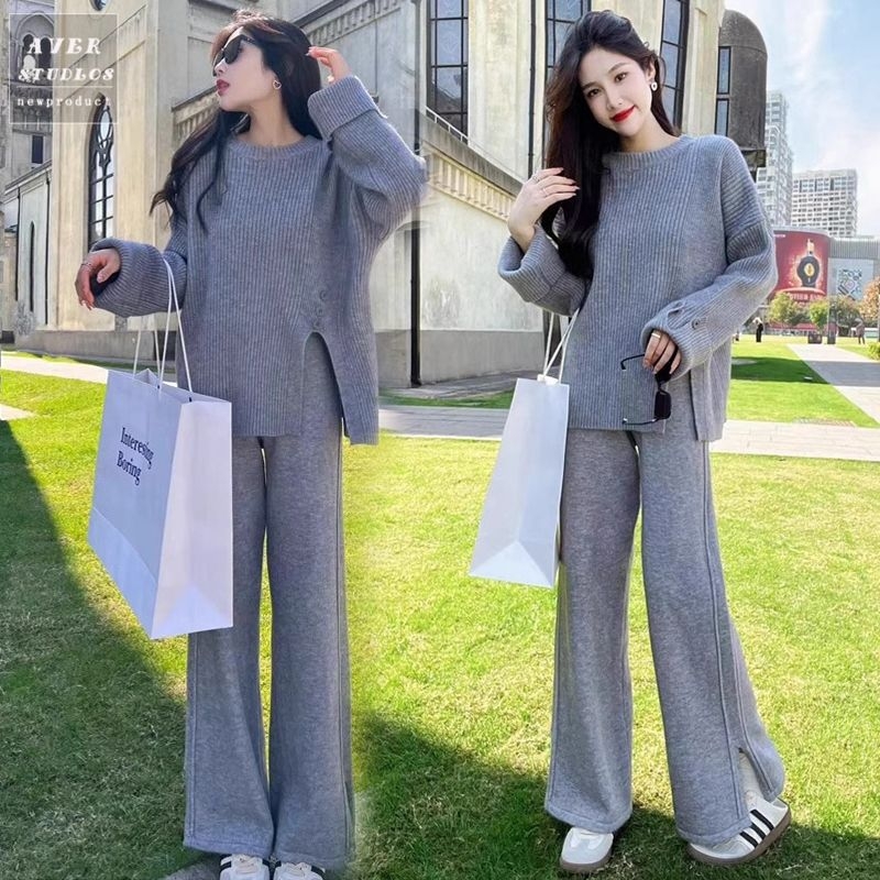 Grūtniecības rudens‑ziemas divu gabalu komplekts: adīts tops ar šķēlumu un platām biksēm, garas piedurknes, 3/4 garuma bikses, Air Cotton audums, Japāņu–Korejas brīvā laika stils