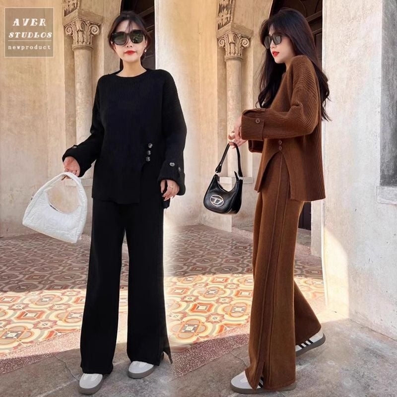 Grūtniecības rudens‑ziemas divu gabalu komplekts: adīts tops ar šķēlumu un platām biksēm, garas piedurknes, 3/4 garuma bikses, Air Cotton audums, Japāņu–Korejas brīvā laika stils