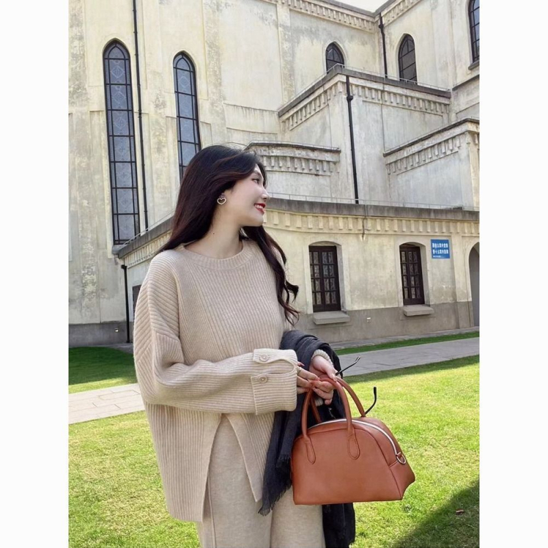 Grūtniecības rudens‑ziemas divu gabalu komplekts: adīts tops ar šķēlumu un platām biksēm, garas piedurknes, 3/4 garuma bikses, Air Cotton audums, Japāņu–Korejas brīvā laika stils