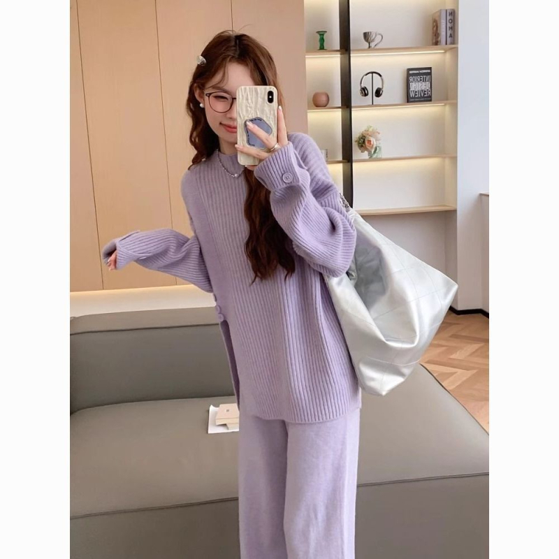 Grūtniecības rudens‑ziemas divu gabalu komplekts: adīts tops ar šķēlumu un platām biksēm, garas piedurknes, 3/4 garuma bikses, Air Cotton audums, Japāņu–Korejas brīvā laika stils