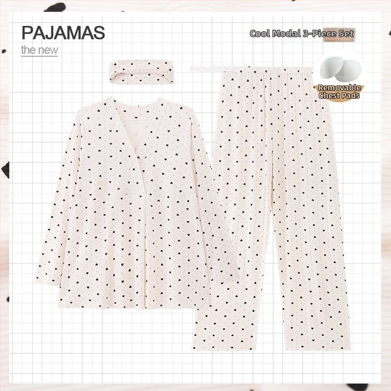 Grūtnieču nakts komplekts ar noņemamiem zīdīšanas spilventiem – trīsdaļīgs komplekts, modalais dzesējošais audums, 90–95% viskozes, V-veida kakla izgriezums