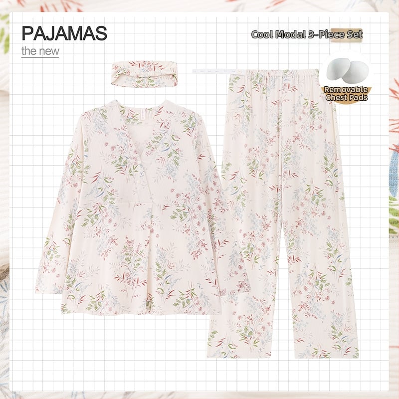 Grūtnieču nakts komplekts ar noņemamiem zīdīšanas spilventiem – trīsdaļīgs komplekts, modalais dzesējošais audums, 90–95% viskozes, V-veida kakla izgriezums