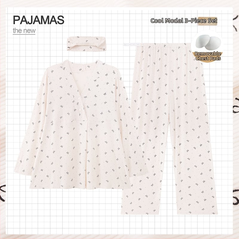 Grūtnieču nakts komplekts ar noņemamiem zīdīšanas spilventiem – trīsdaļīgs komplekts, modalais dzesējošais audums, 90–95% viskozes, V-veida kakla izgriezums