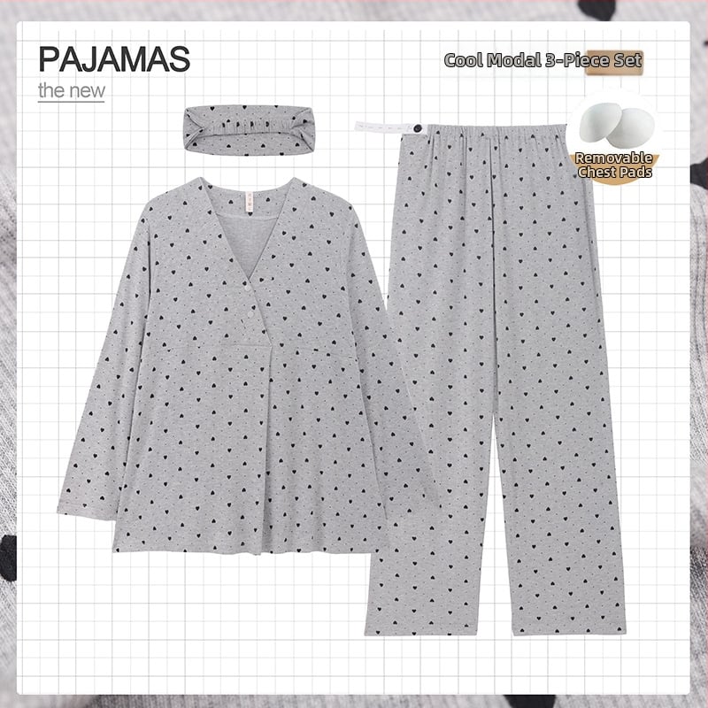 Grūtnieču nakts komplekts ar noņemamiem zīdīšanas spilventiem – trīsdaļīgs komplekts, modalais dzesējošais audums, 90–95% viskozes, V-veida kakla izgriezums